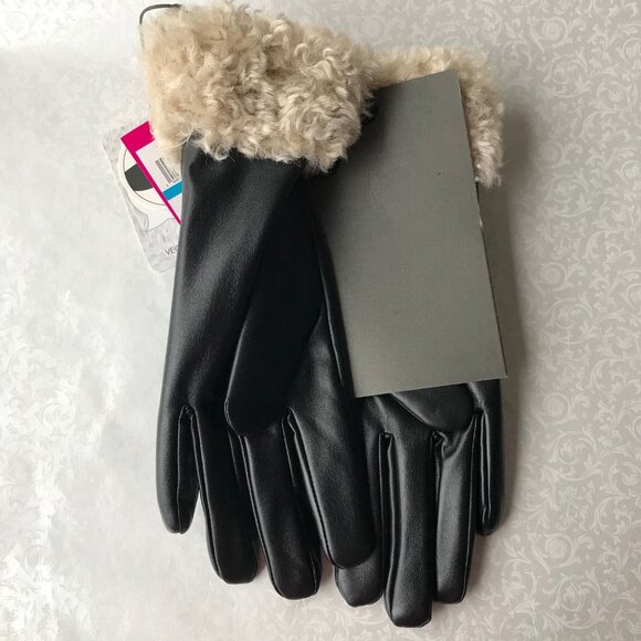 Vince Camuto Women Faux Fur Trimmed Faux Leather Gloves  Black  Size : L - Picture 2 of 4